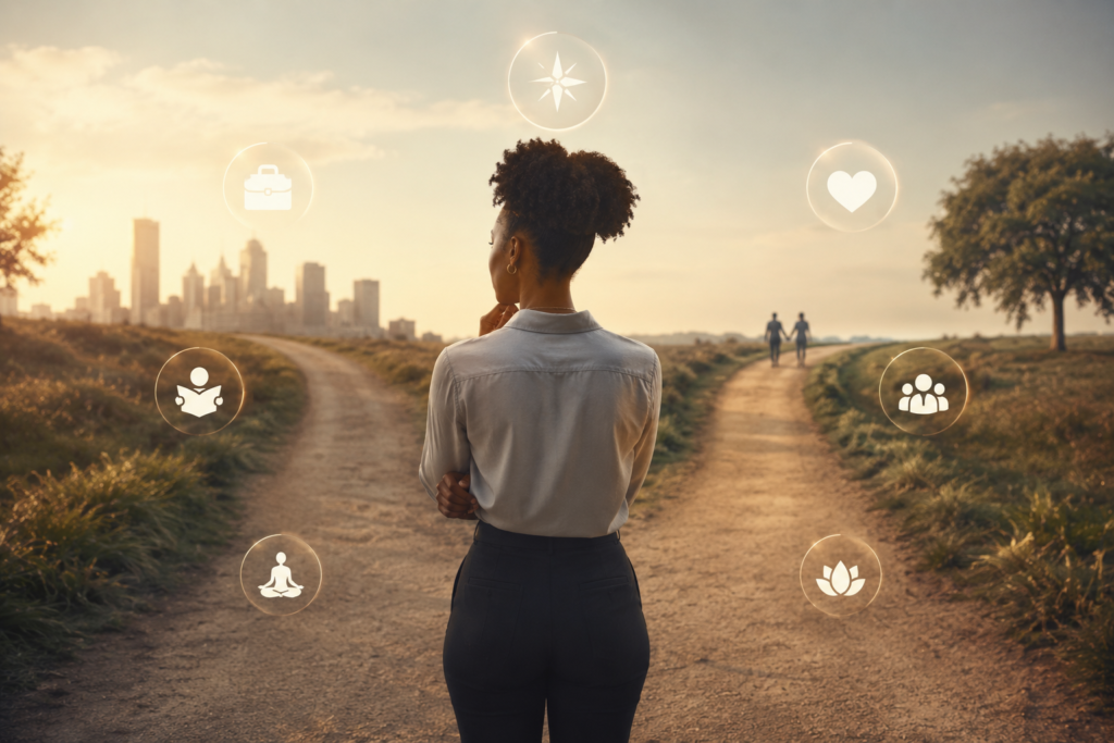 Illustration representing the connection between self-concept clarity, identity, and decision-making through a reflective individual evaluating important life choices.