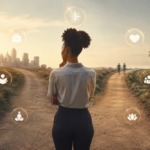 Illustration representing the connection between self-concept clarity, identity, and decision-making through a reflective individual evaluating important life choices.
