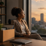 A realistic illustration depicting a professional experiencing identity crisis after a career transition, symbolizing the psychological impact of identity change.