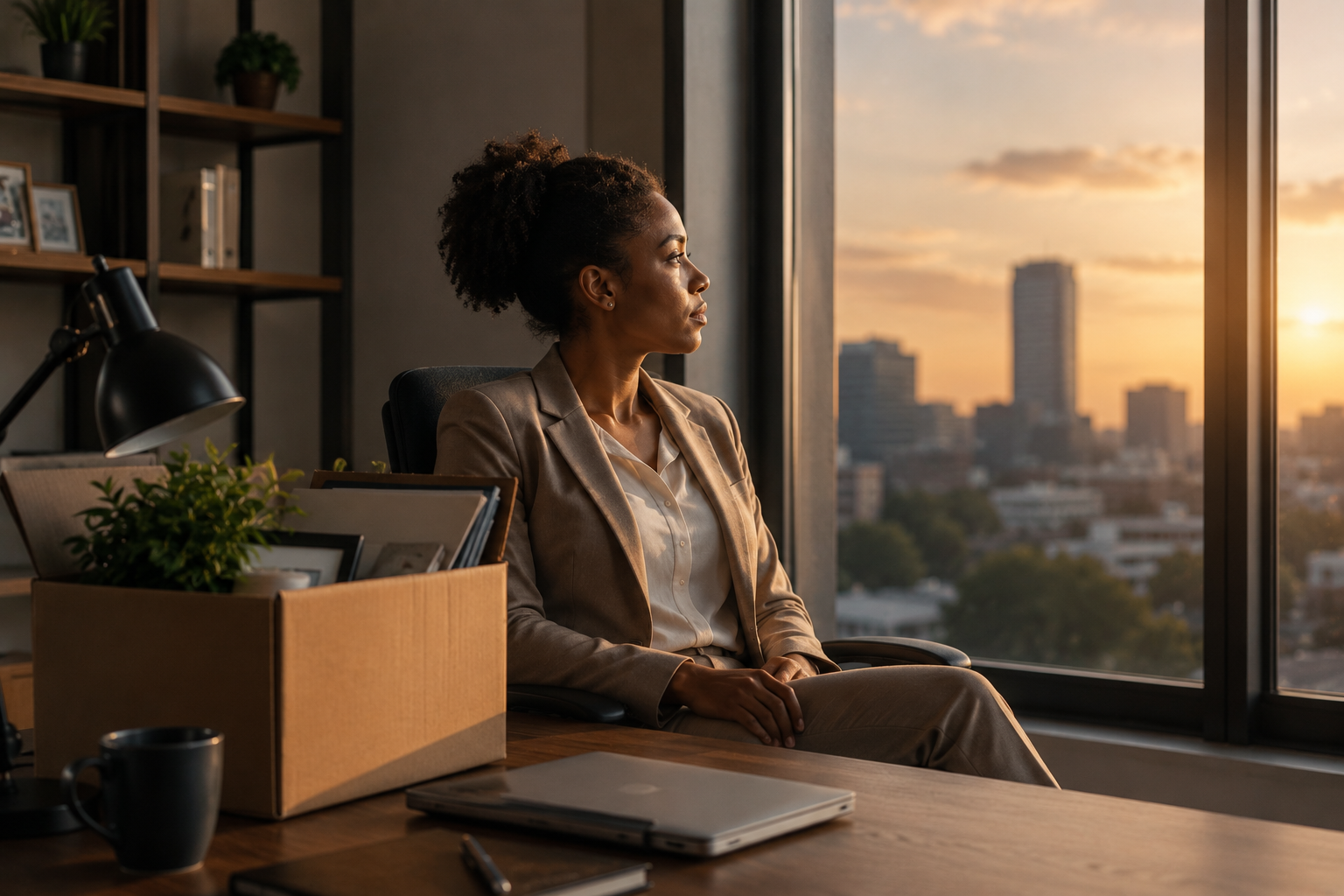 A realistic illustration depicting a professional experiencing identity crisis after a career transition, symbolizing the psychological impact of identity change.